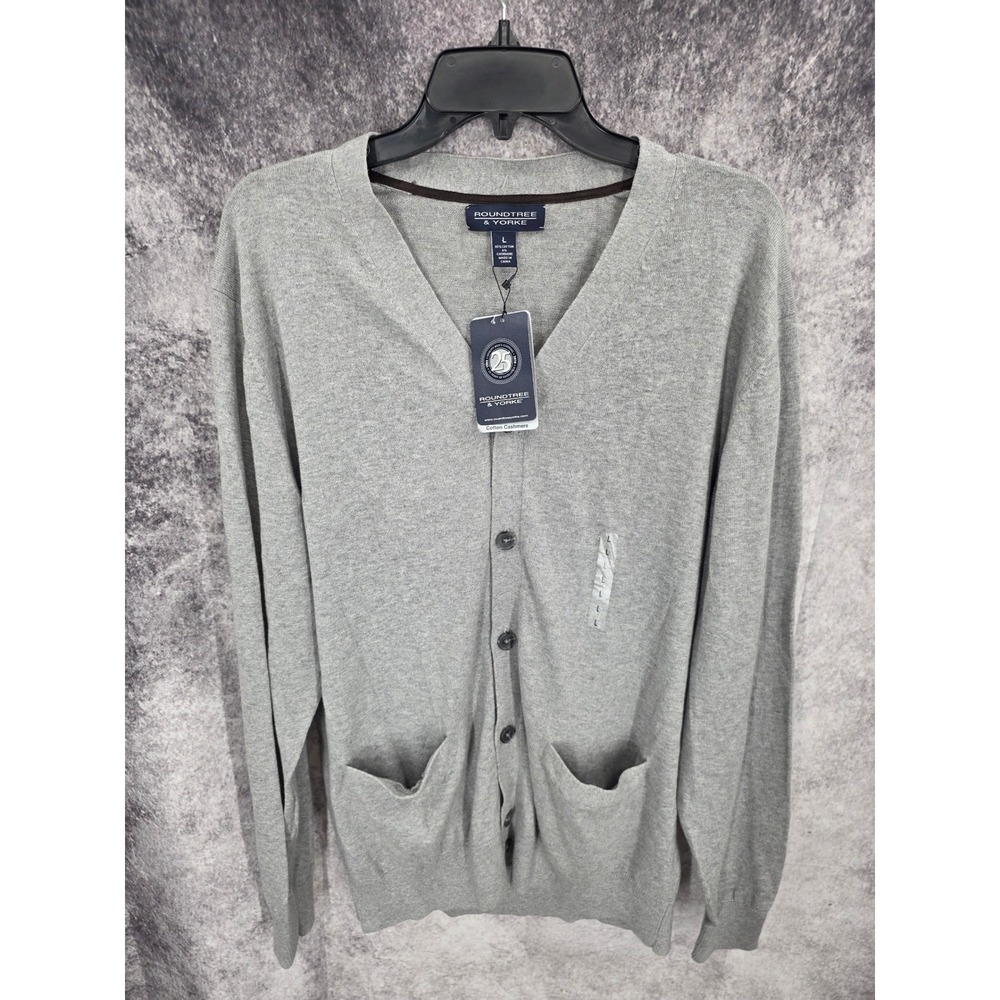 Roundtree & Yorke Cardigan Sweater Mens Large Gray Button Up Cashmere Blend New